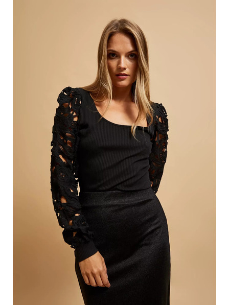 Moodo Tricou negru cu mâneci din dantelă Moodo