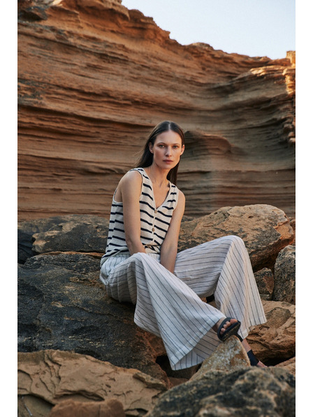 Moodo Pantaloni din in cu dungi albe Moodo