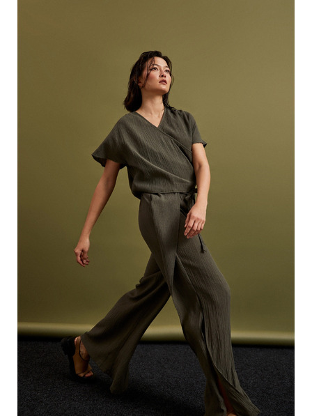 Moodo Pantaloni măslinie cu croială largă și elastic în talie Moodo