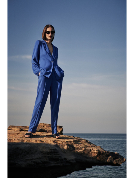 Moodo Pantaloni din in cu terminații drepte albaștri Moodo