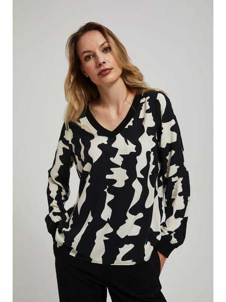 Moodo Cămașă cu model și decolteu în V, neagră Moodo