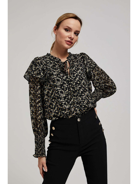 Moodo Cămașă cu imprimeu și șnur la decolteu neagră Moodo