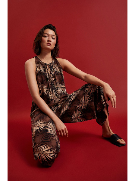 Moodo Cămașă neagră cu imprimeu tropical și decolteu legat Moodo