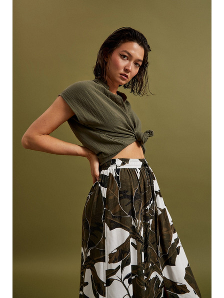 Moodo Bluză din bumbac cu decolteu în V măslinie Moodo