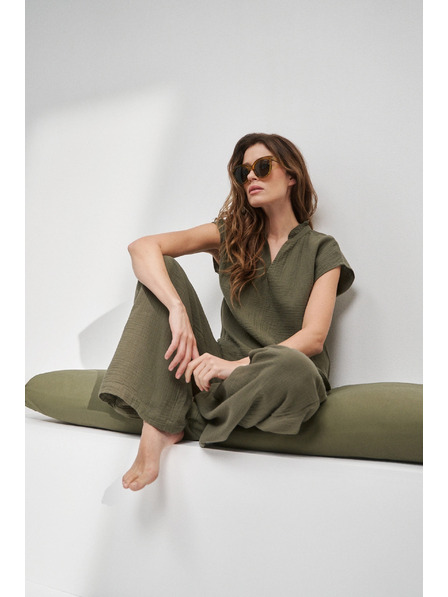 Moodo Bluză din bumbac cu decolteu în V măslinie Moodo