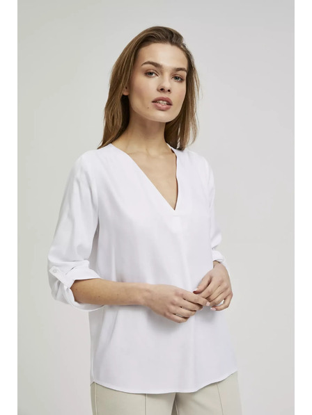 Moodo Cămașă cu decolteu în V și mâneci suflecate, albă Moodo