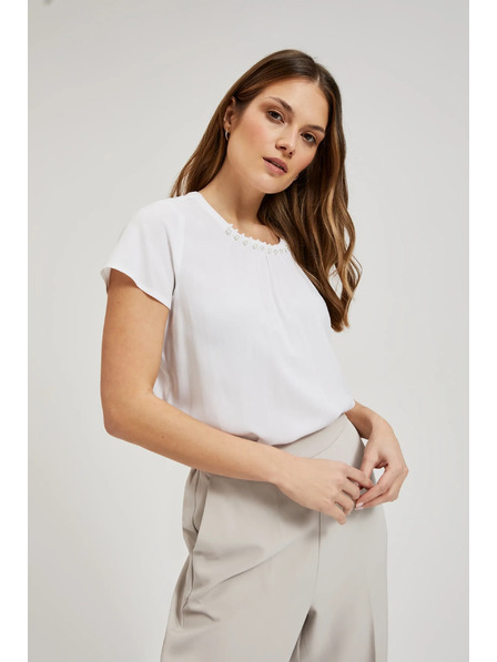 Moodo Cămașă albă decorată cu mărgele la decolteu Moodo