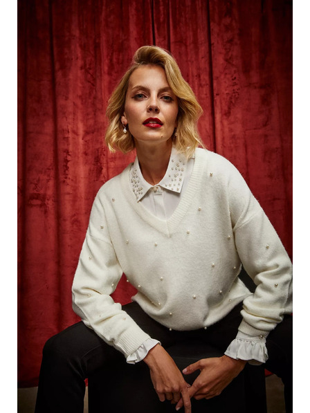 Moodo Pulover cu decolteu în V cu mărgele perlate Moodo