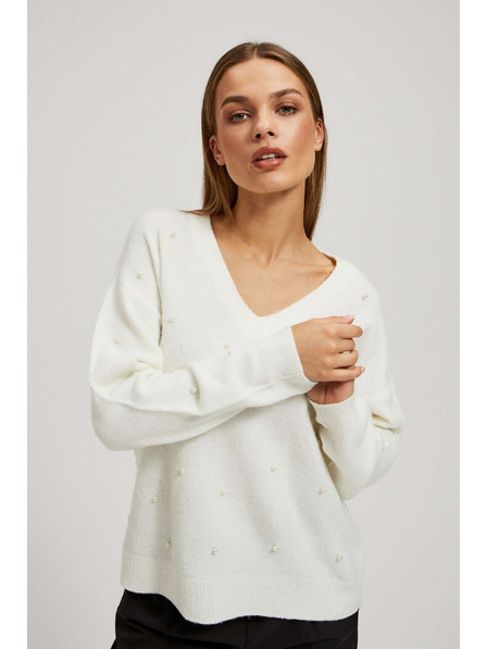 Moodo Pulover cu decolteu în V cu mărgele perlate Moodo