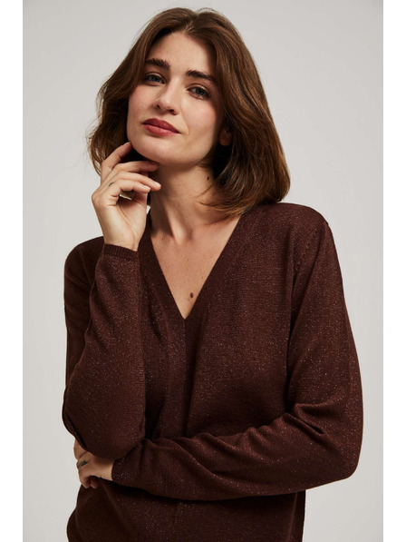 Moodo Pulover maro cu fibră metalică și decolteu în V Moodo