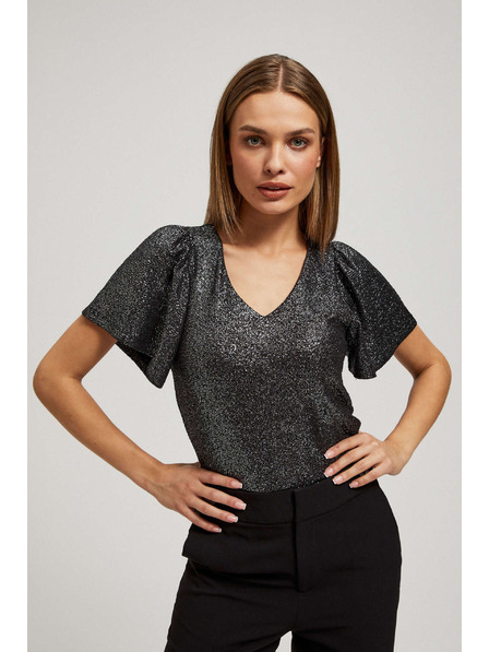 Moodo Bluză cu decolteu în V și mâneci scurte bufante neagră Moodo
