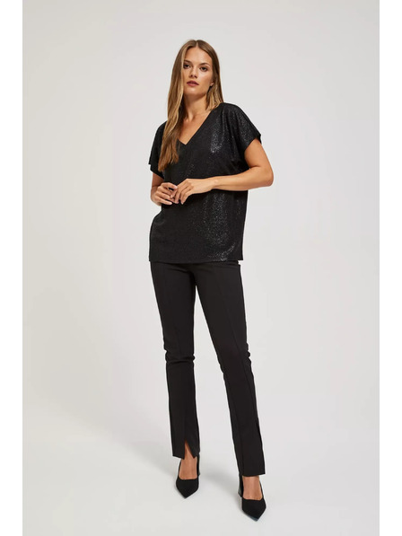 Moodo Bluză elegantă neagră cu decolteu în V din material strălucitor Moodo