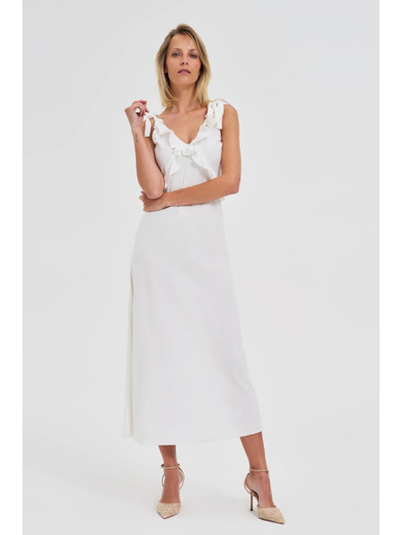 Moodo Rochie midi albă cu volănașe la decolteu Moodo