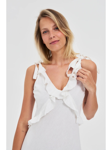 Moodo Rochie midi albă cu volănașe la decolteu Moodo