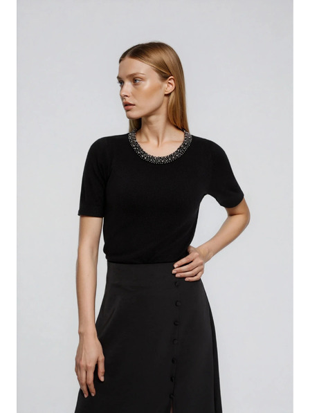 Moodo Pulover negru cu decolteu decorativ Moodo