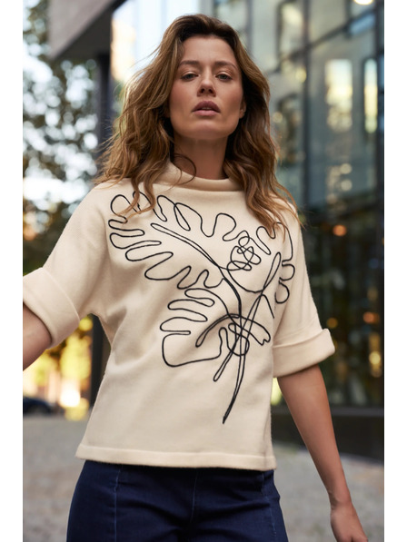 Moodo Pulover bej cu aplicație și mâneci scurte Moodo