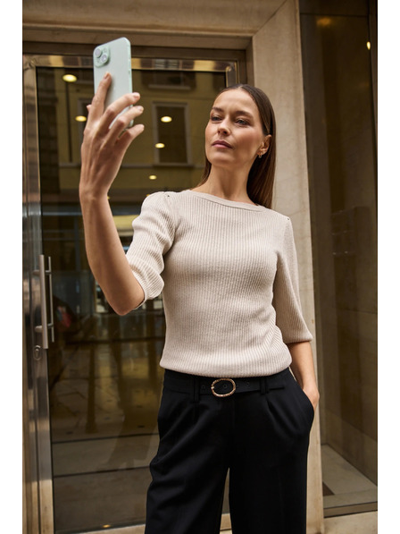 Moodo Pulover cu dungi și mâneci bufante bej Moodo