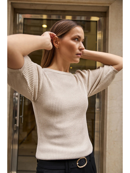 Moodo Pulover cu dungi și mâneci bufante bej Moodo