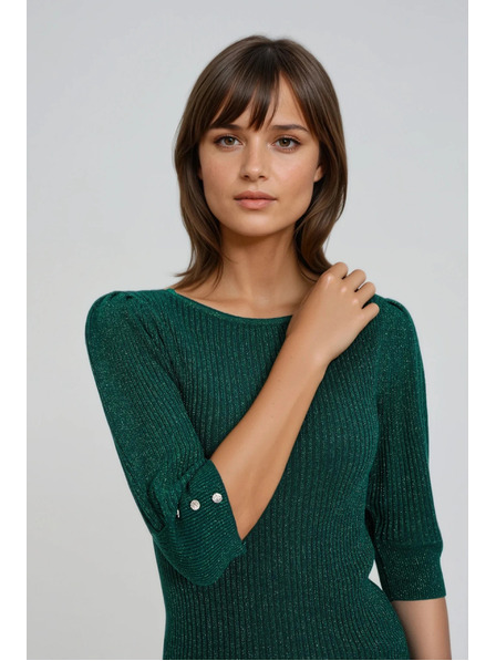 Moodo Pulover verde cu mâneci bufante Moodo