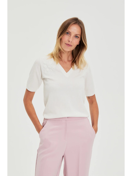 Moodo Pulover alb cu mânecă scurtă și decolteu în V Moodo