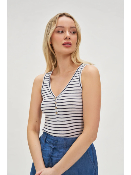 Moodo Top alb în dungi cu nasturi Moodo