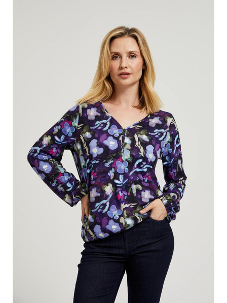 Moodo Bluză navy albastră cu model floral și decolteu în V Moodo