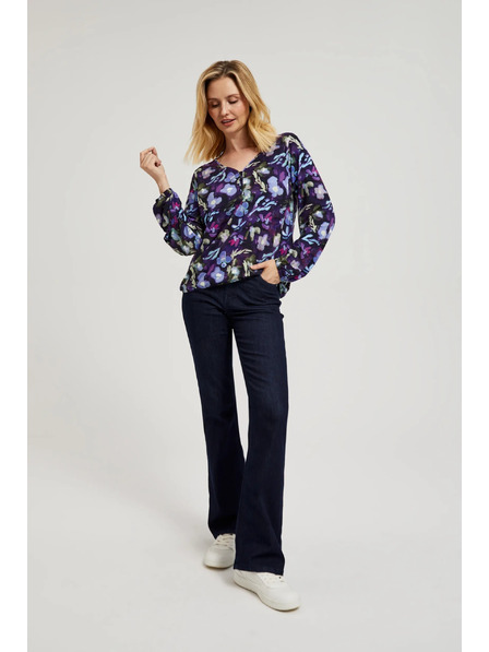 Moodo Bluză navy albastră cu model floral și decolteu în V Moodo