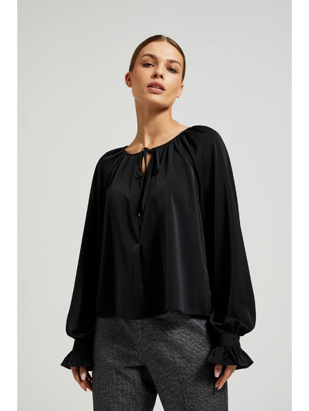Moodo Cămașă neagră cu mâneci plisate și decolteu legat Moodo