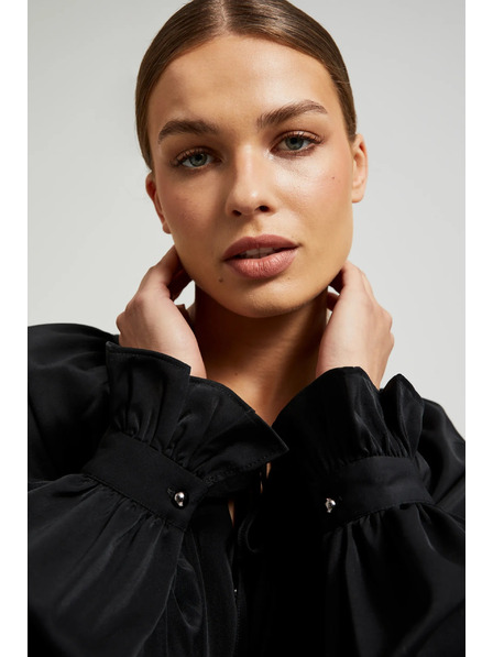 Moodo Cămașă neagră cu mâneci plisate și decolteu legat Moodo
