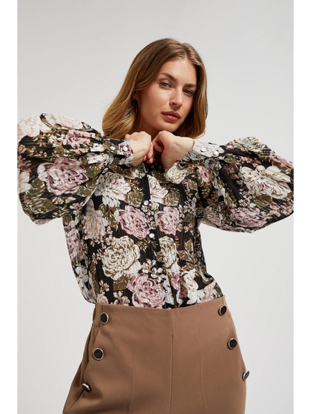 Moodo Cămașă plisată cu imprimeu floral și mâneci bufante neagră Moodo