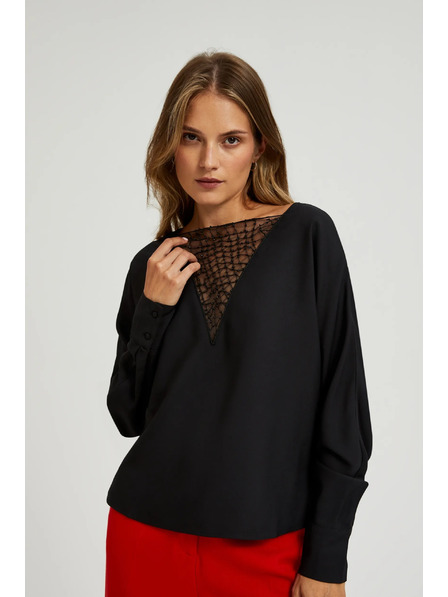 Moodo Bluză neagră cu mărgele cusute manual la decolteu Moodo