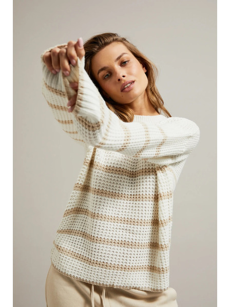 Moodo Pulover bej cu dungi și decolteu rotund Moodo