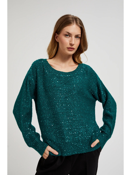 Moodo Pulover cu paiete și decolteu rotund verde Moodo