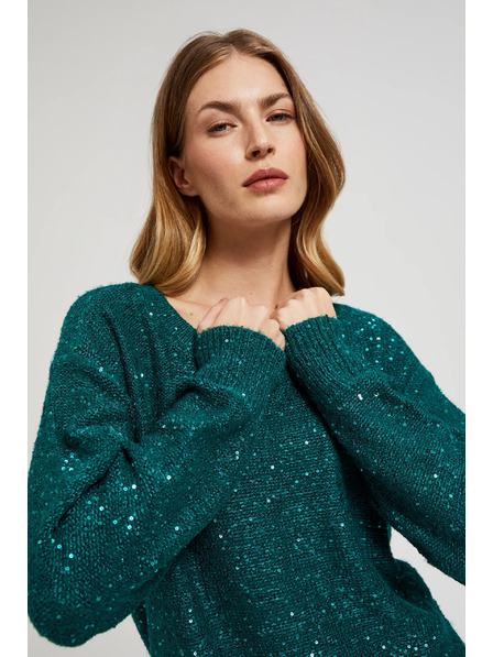 Moodo Pulover cu paiete și decolteu rotund verde Moodo