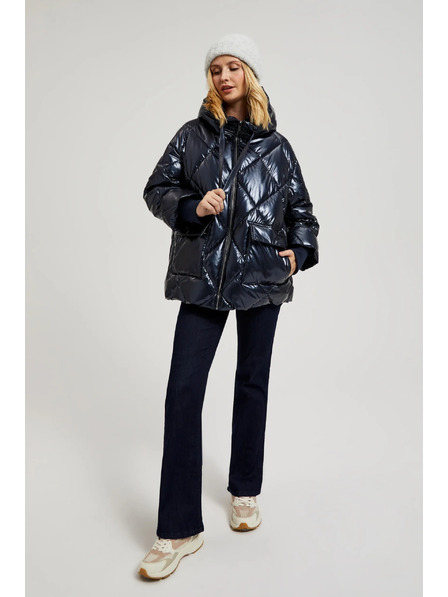 Moodo Jachetă matlasată metalică cu glugă albastru închis Moodo