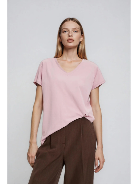 Moodo Tricou din bumbac cu decolteu în V roz deschis Moodo
