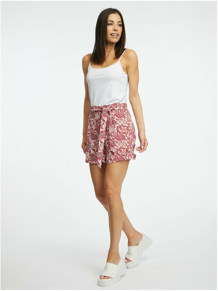 Orsay Pantaloni scurți pentru femei crem și roz cu ornament ORSAY