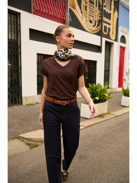 Moodo Tricou din bumbac cu decolteu în "V" maro Moodo