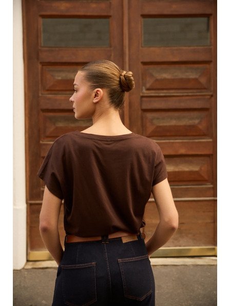 Moodo Tricou din bumbac cu decolteu în "V" maro Moodo