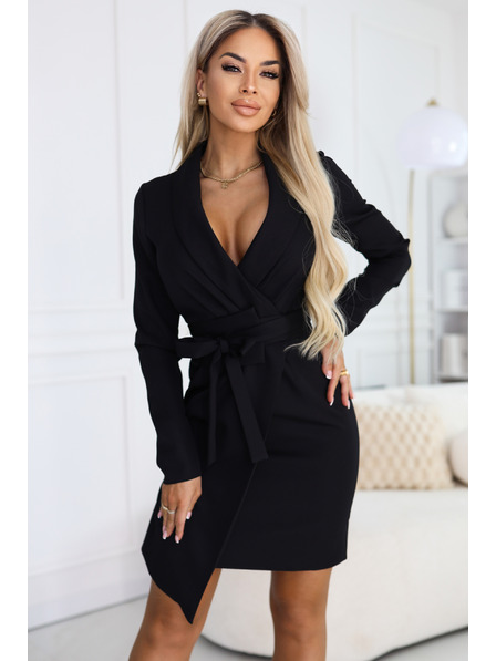 numoco Rochie elegantă tip sacou cu curea și margine asimetrică - neagră