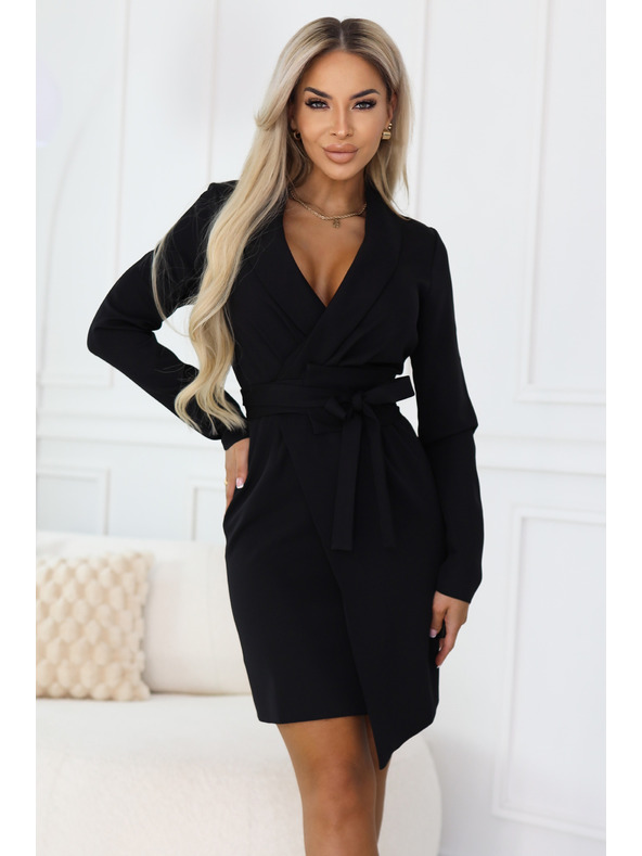 numoco Rochie elegantă tip sacou cu curea și margine asimetrică - neagră