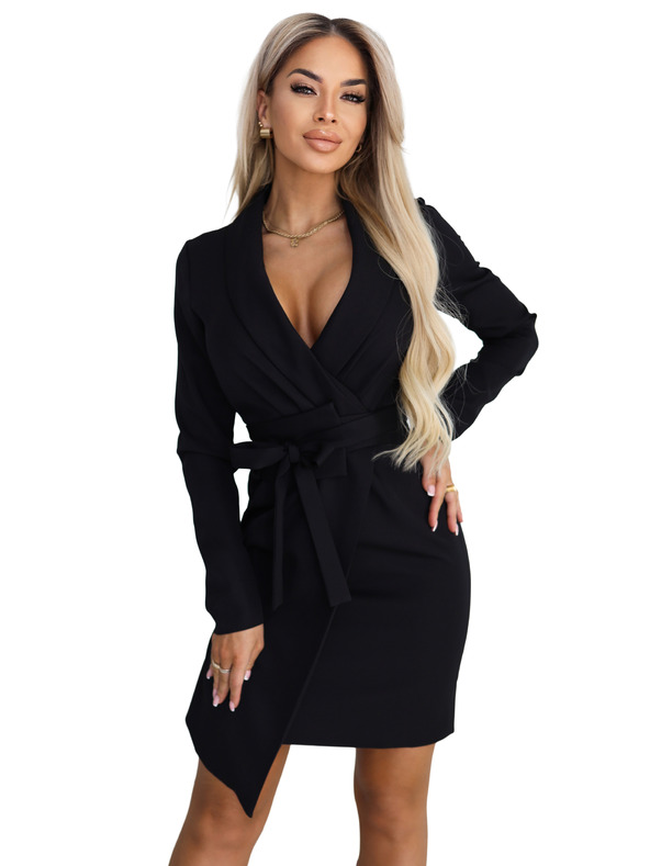 numoco Rochie elegantă tip sacou cu curea și margine asimetrică - neagră
