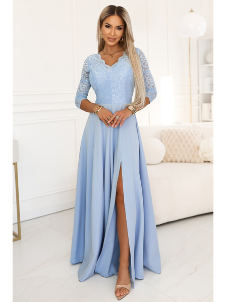 numoco AMBER Rochie lungă elegantă din dantelă cu decolteu - albastru deschis