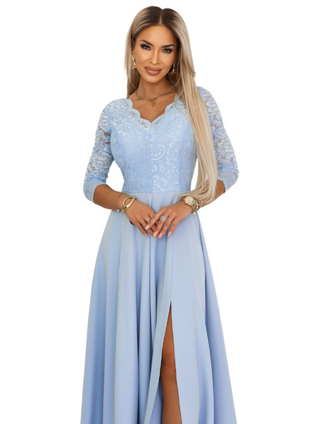 numoco AMBER Rochie lungă elegantă din dantelă cu decolteu - albastru deschis