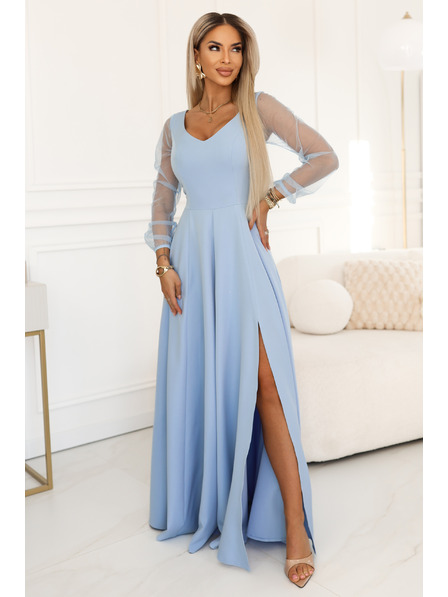 numoco LORETTA Rochie lungă unică cu mâneci din tul și decolteu - albastru deschis