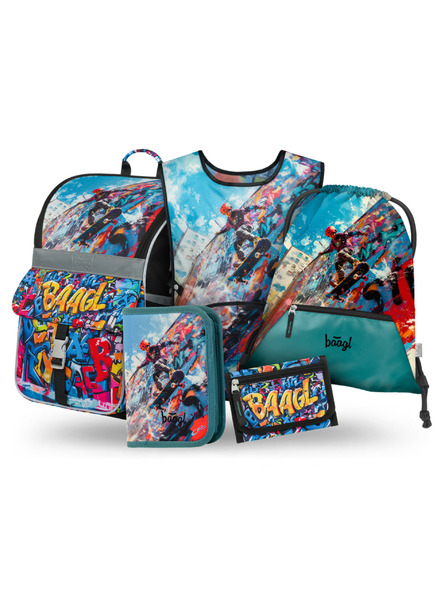 BAAGL  BAAGL SET 5 Zippy Skatepark: geantă școlară, penar, sacoșă, șorț, portofel