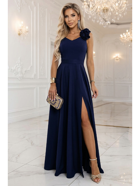 numoco Rochie maxi elegantă de seară cu spăritură și trandafiri - albastru marin