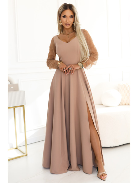 numoco LORETTA Rochie lungă unică cu mâneci din tul și decolteu - bej