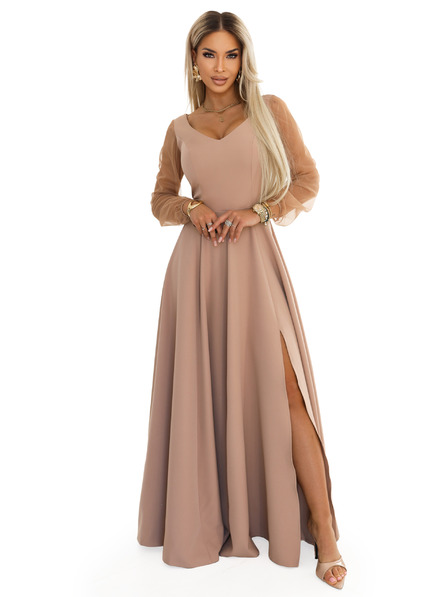 numoco LORETTA Rochie lungă unică cu mâneci din tul și decolteu - bej