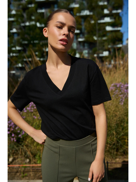 Moodo Bluză din bumbac cu decolteu în V neagră Moodo